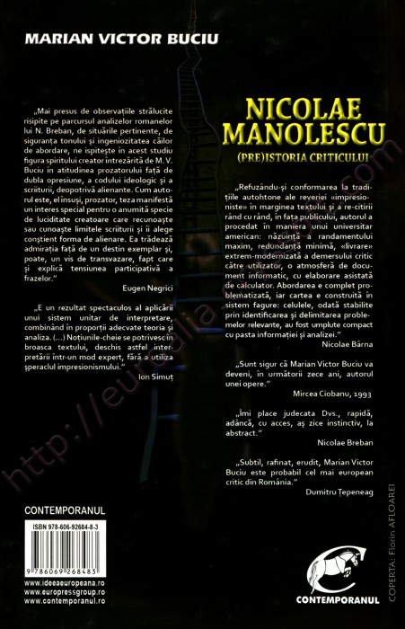 Nicolae Manolescu. (Pre)istoria criticului - Coperta spate - CrysSoft Euroalia